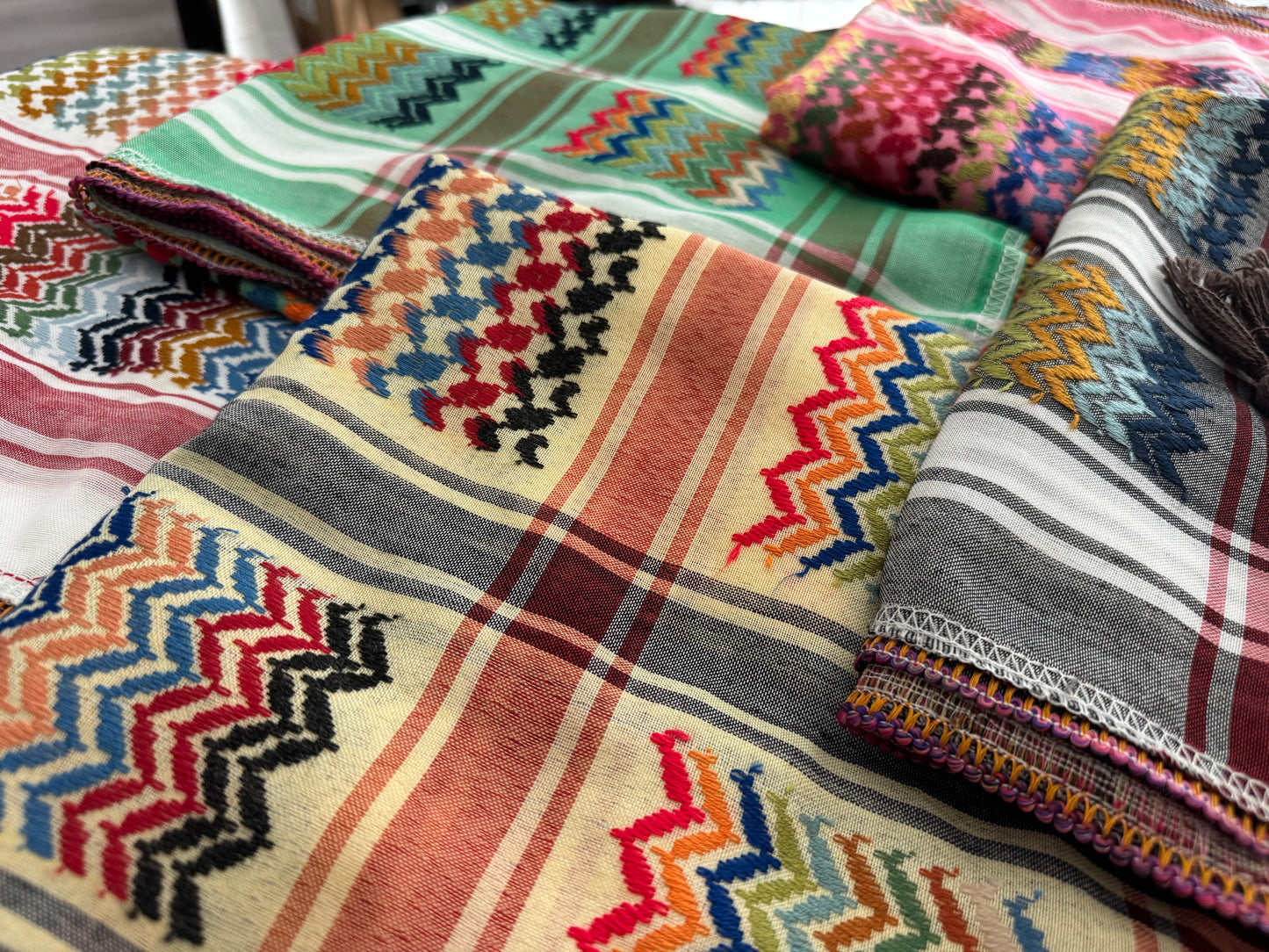 Handmade Palestinian multicoloured kufiyyas