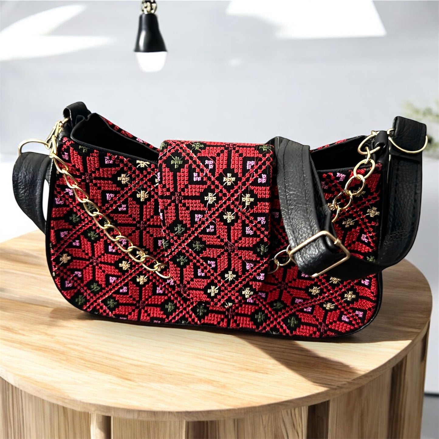 Palestinian Tatreez Purse – Golden Chain with Removable Shoulder Strap