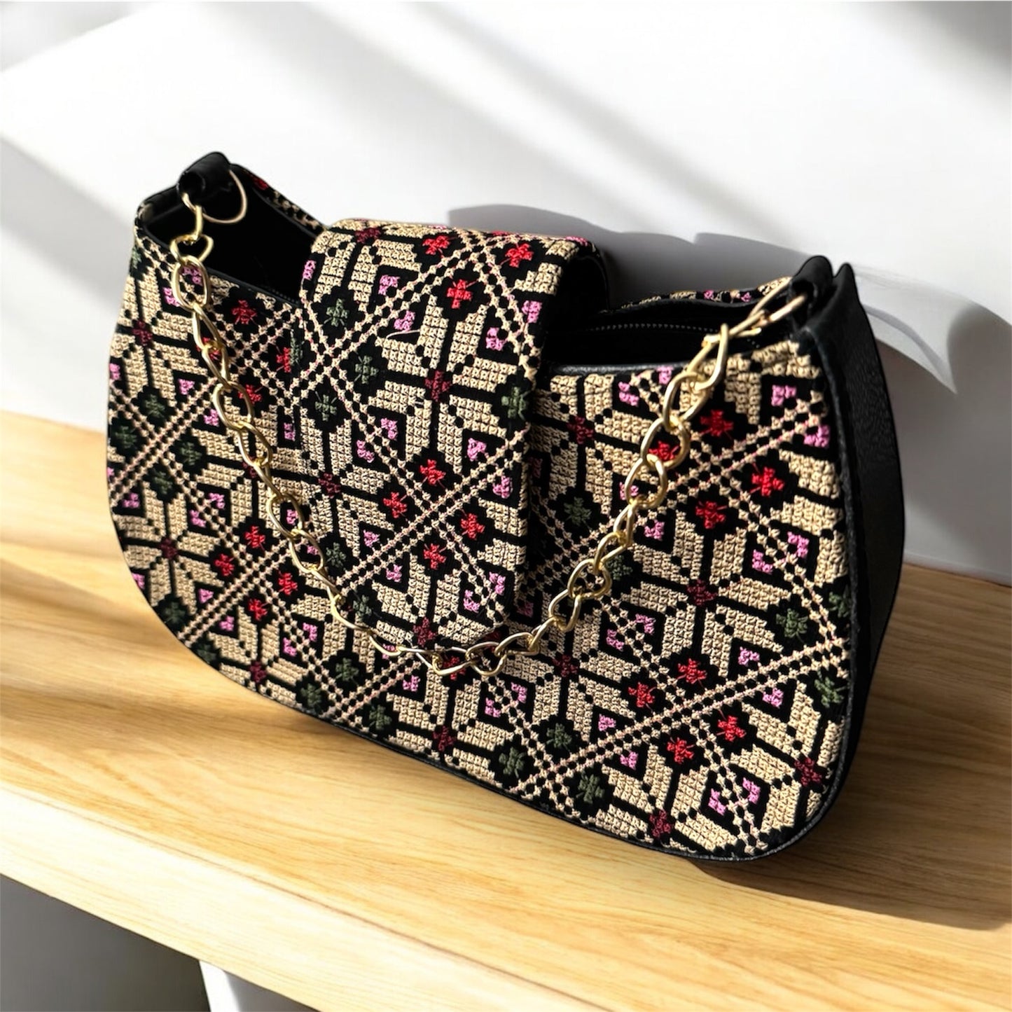 Small Tatreez Purse – Golden Chain with Optional Shoulder Strap