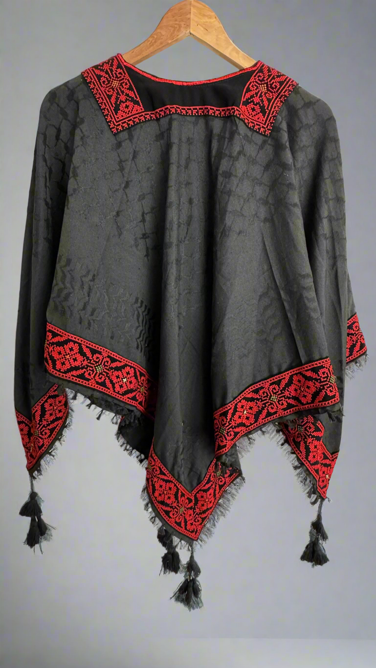 Poncho of Palestine | All Black Kufiya (Keffiyeh) - Tatreez β Made in Jordan