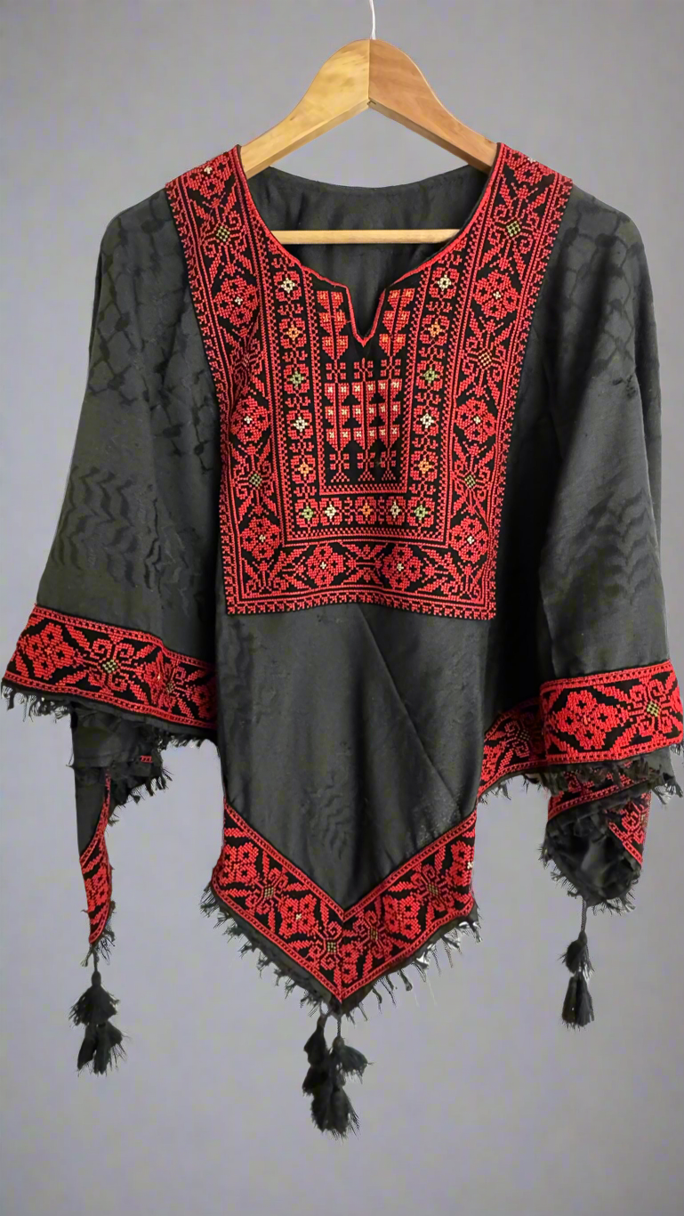 Poncho of Palestine | All Black Kufiya (Keffiyeh) - Tatreez β Made in Jordan
