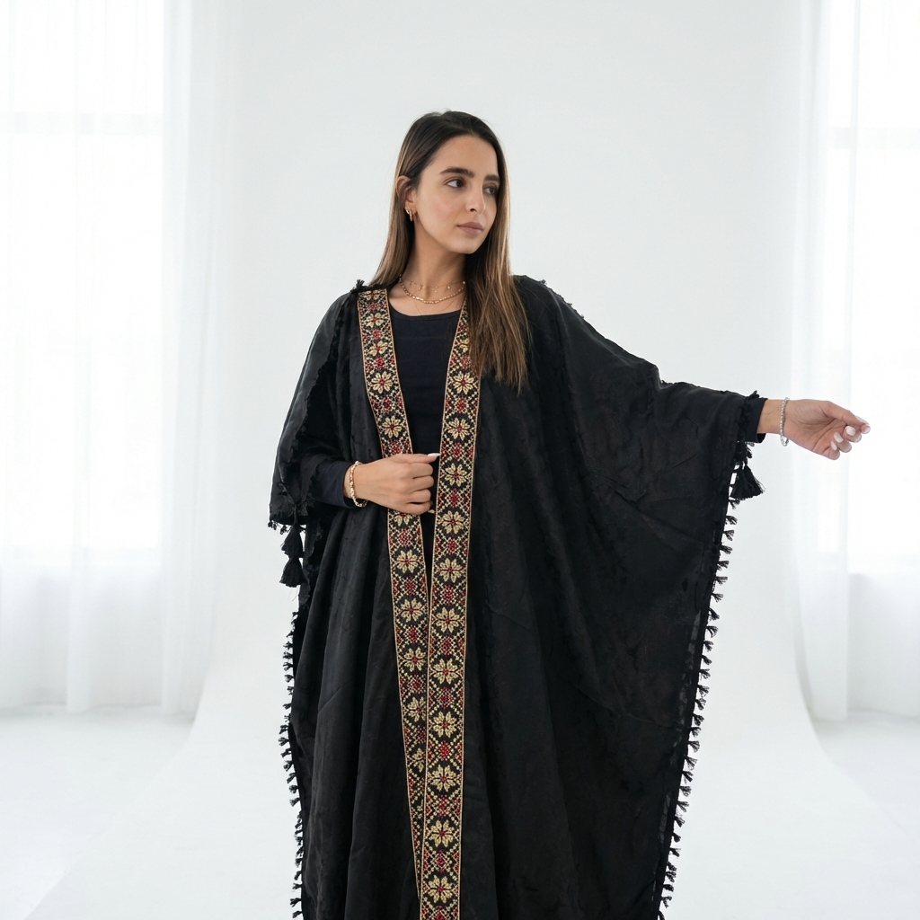 Palestinian Tatreez Bisht | Black and Gold Embroidered Heritage Abaya (Free Size)