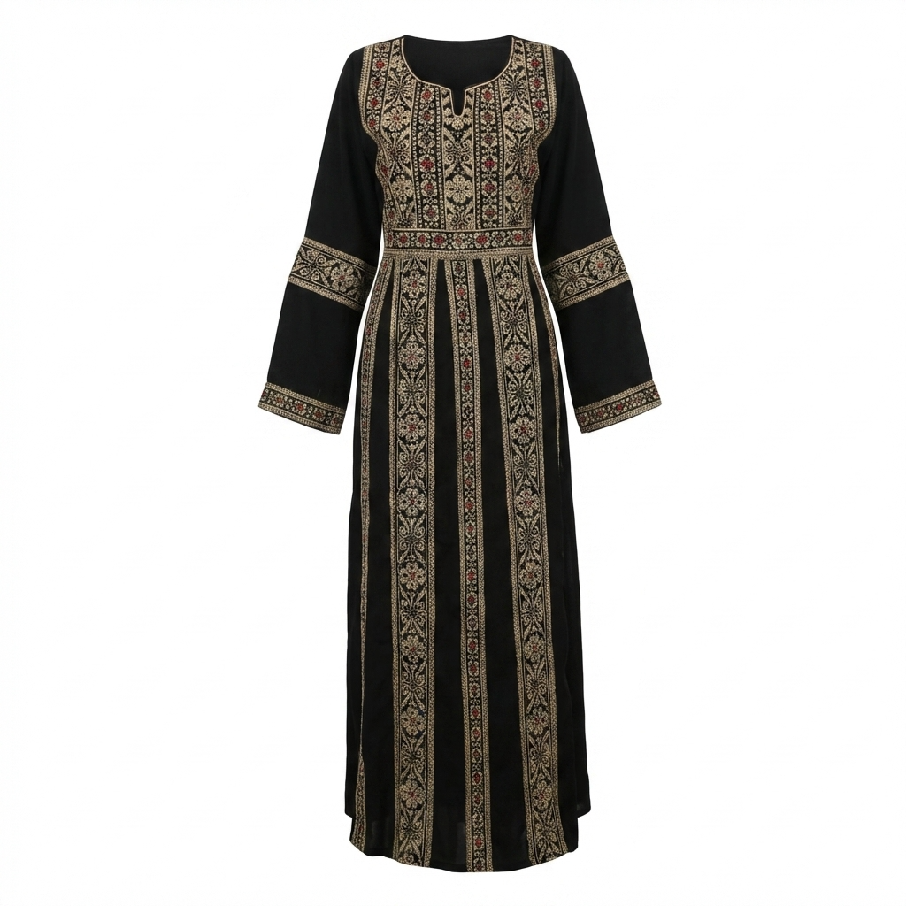 embroidered palestinian dresses Thobe – Red & Gold Tatreez on Black 33 in Hip Pre-Fall 2022 Allison Faux Leather Corset Color:EGP