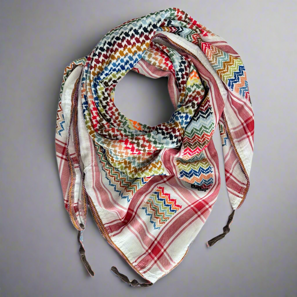 Handmade Palestinian multicoloured kufiyya in clear white base