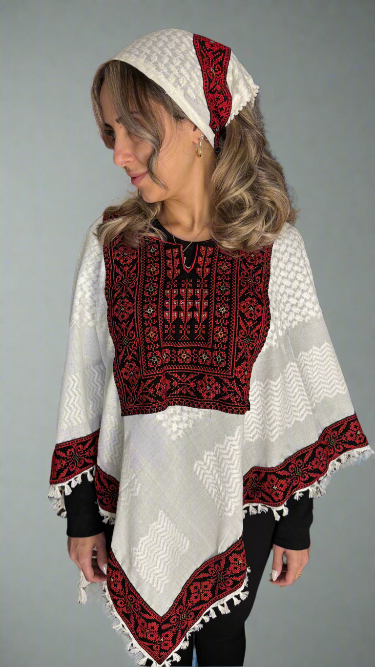 Poncho of Palestine | All White Kufiya (Keffiyeh) - Tatreez β Made in Jordan