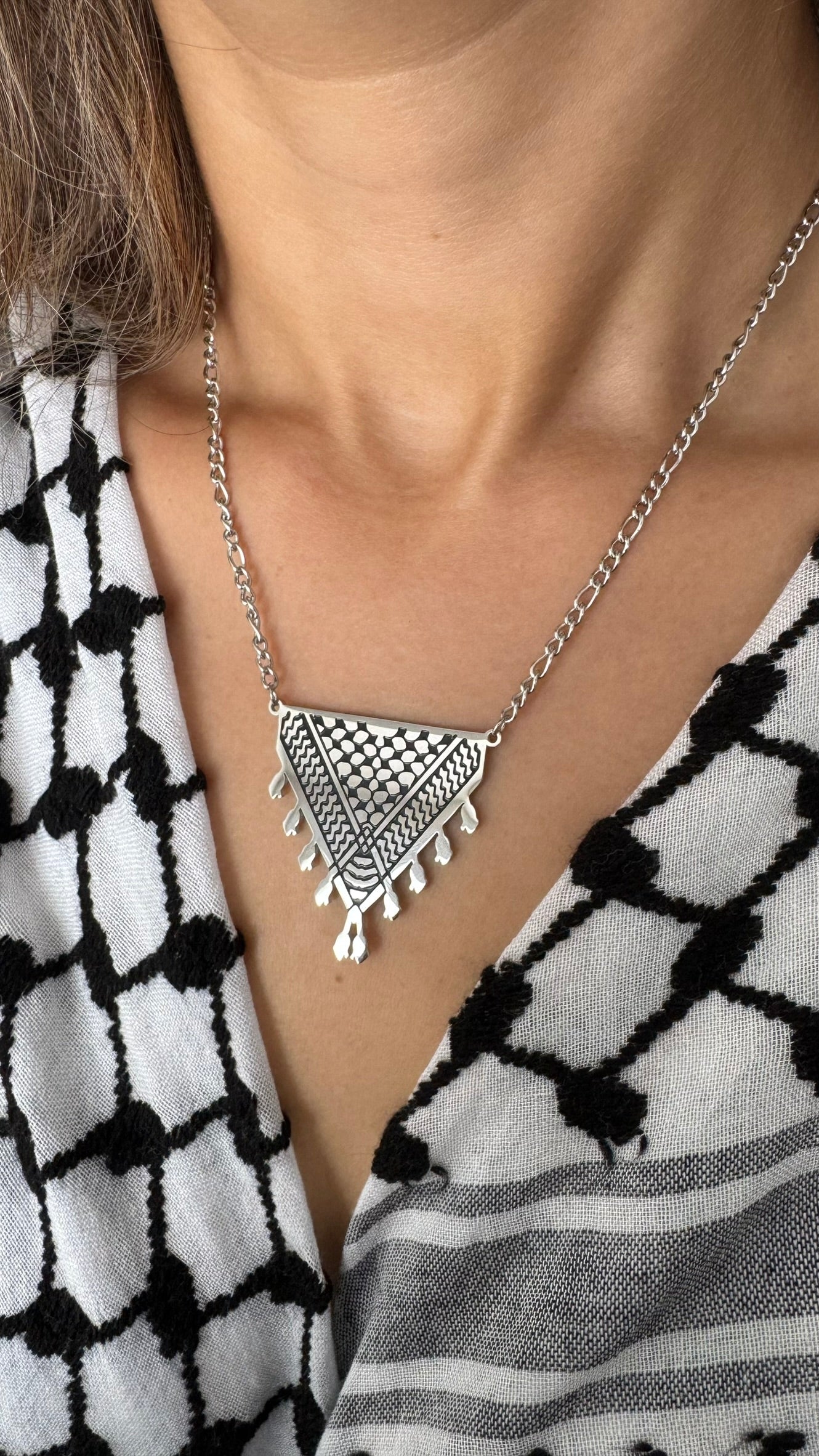 Kufiya Triangle Necklace | Keffiyeh Pattern β Stainless Steel - Palestine Jewelry