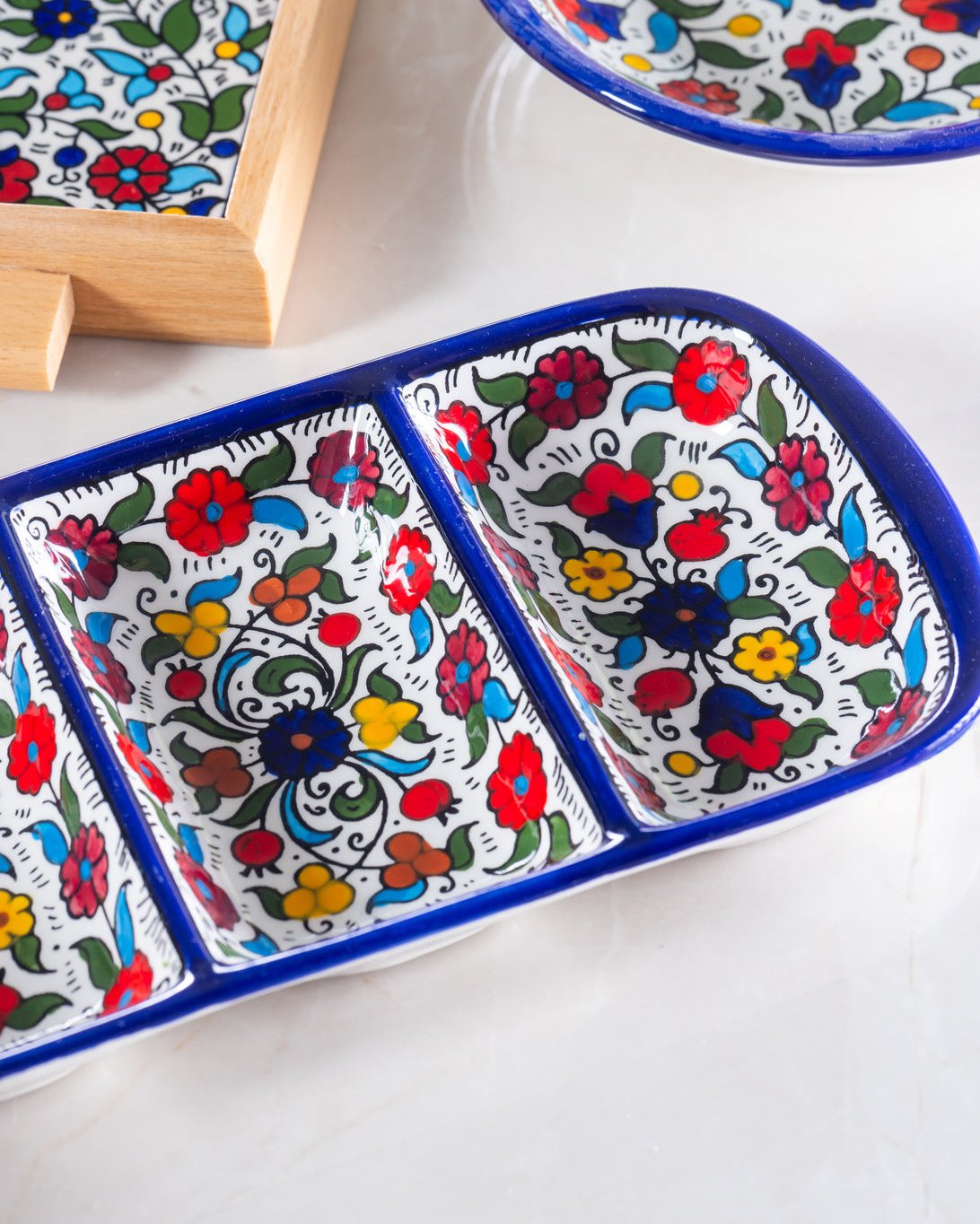 Triple Dip Platter β Hand-Painted Palestinian Ceramic | Multicolor & Navy