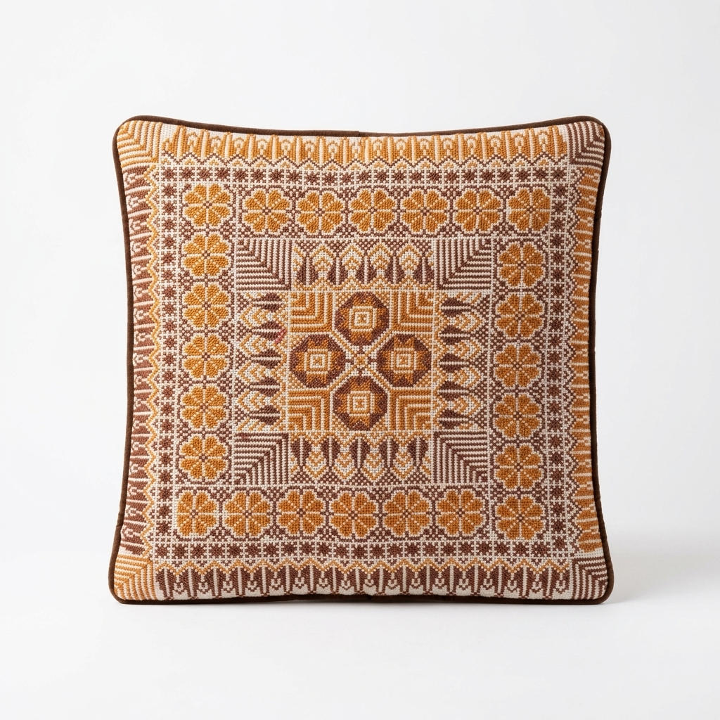 Brown Hand-Stitched Tatreez Cushion Cover - August 2026 Edition