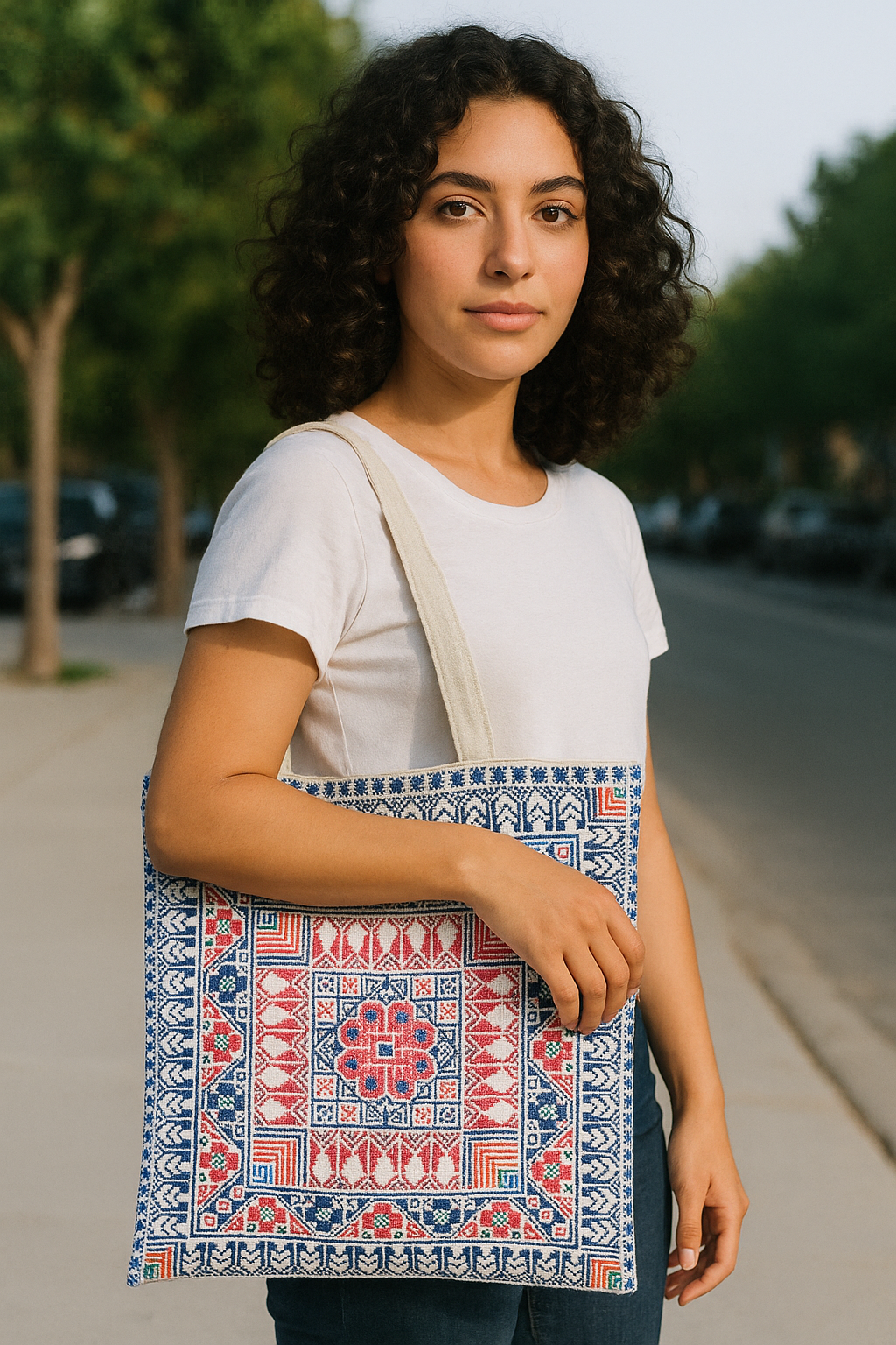 Tatreez Tote Bag – Blue and Pink | Palestinian Embroidery