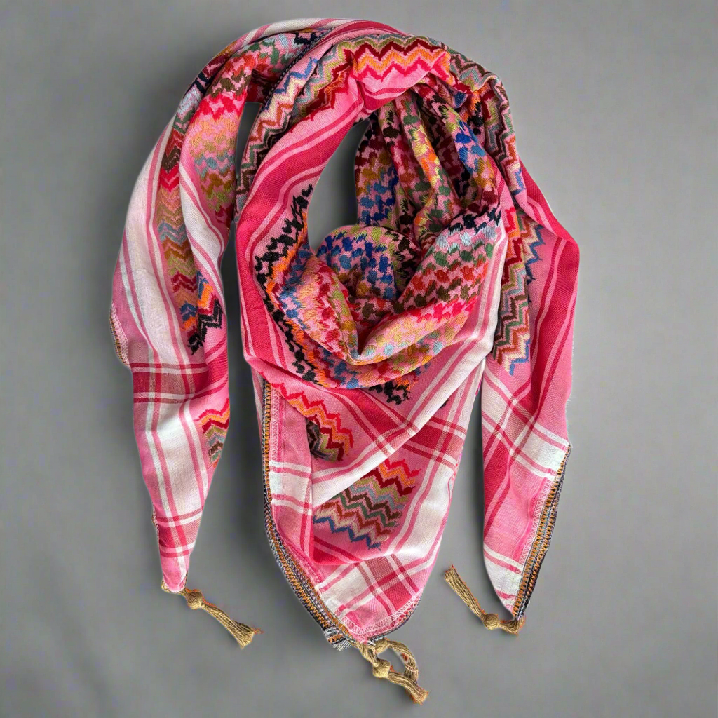 Handmade Palestinian multicoloured kufiyya in deep pink base