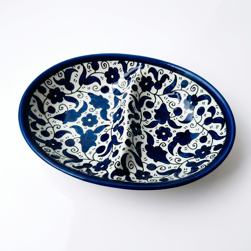 Double Dip Oval Ceramic Dish - Hand-Painted in Palestine