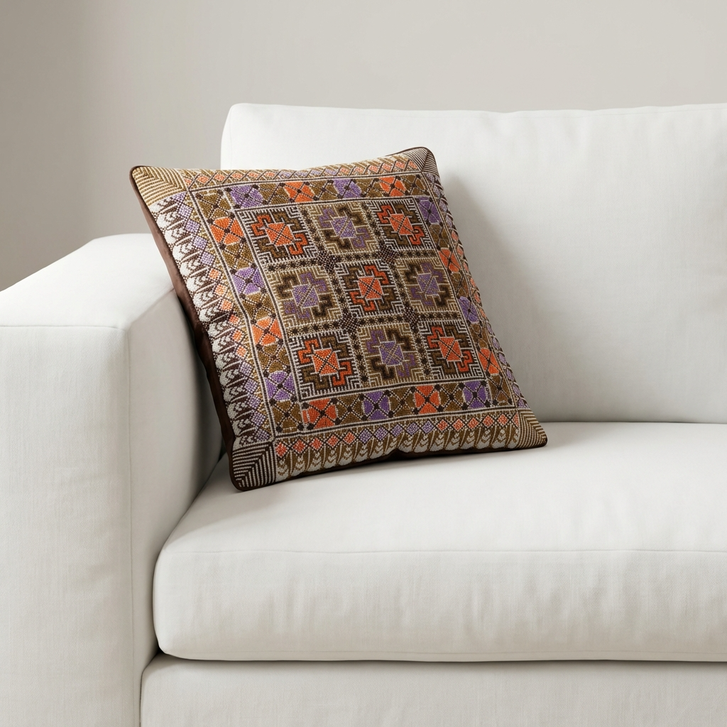 Brown Handmade Tatreez Cushion Cover – 16x16" – February 2026 Edition