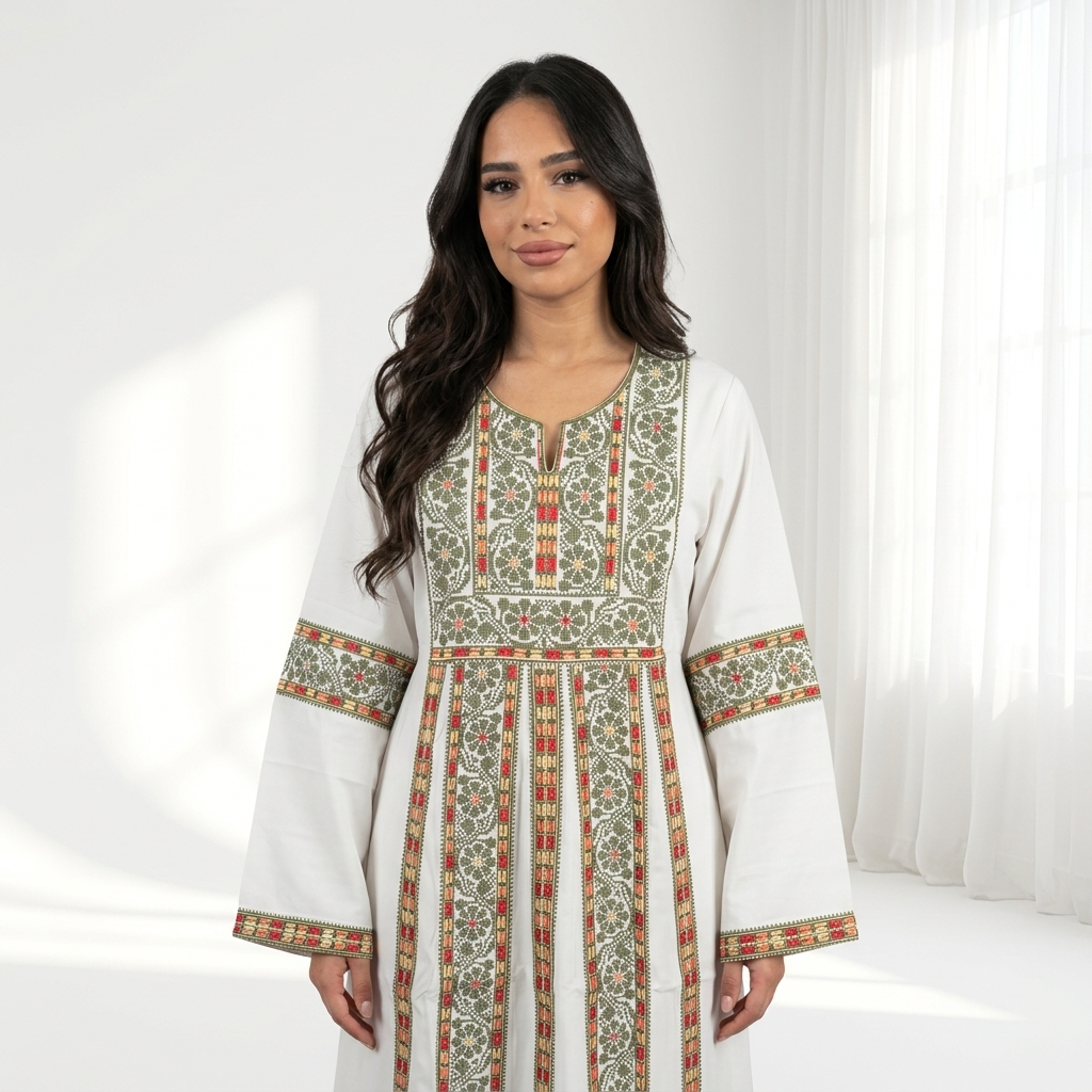 White Palestinian Thobe - Green Tatreez