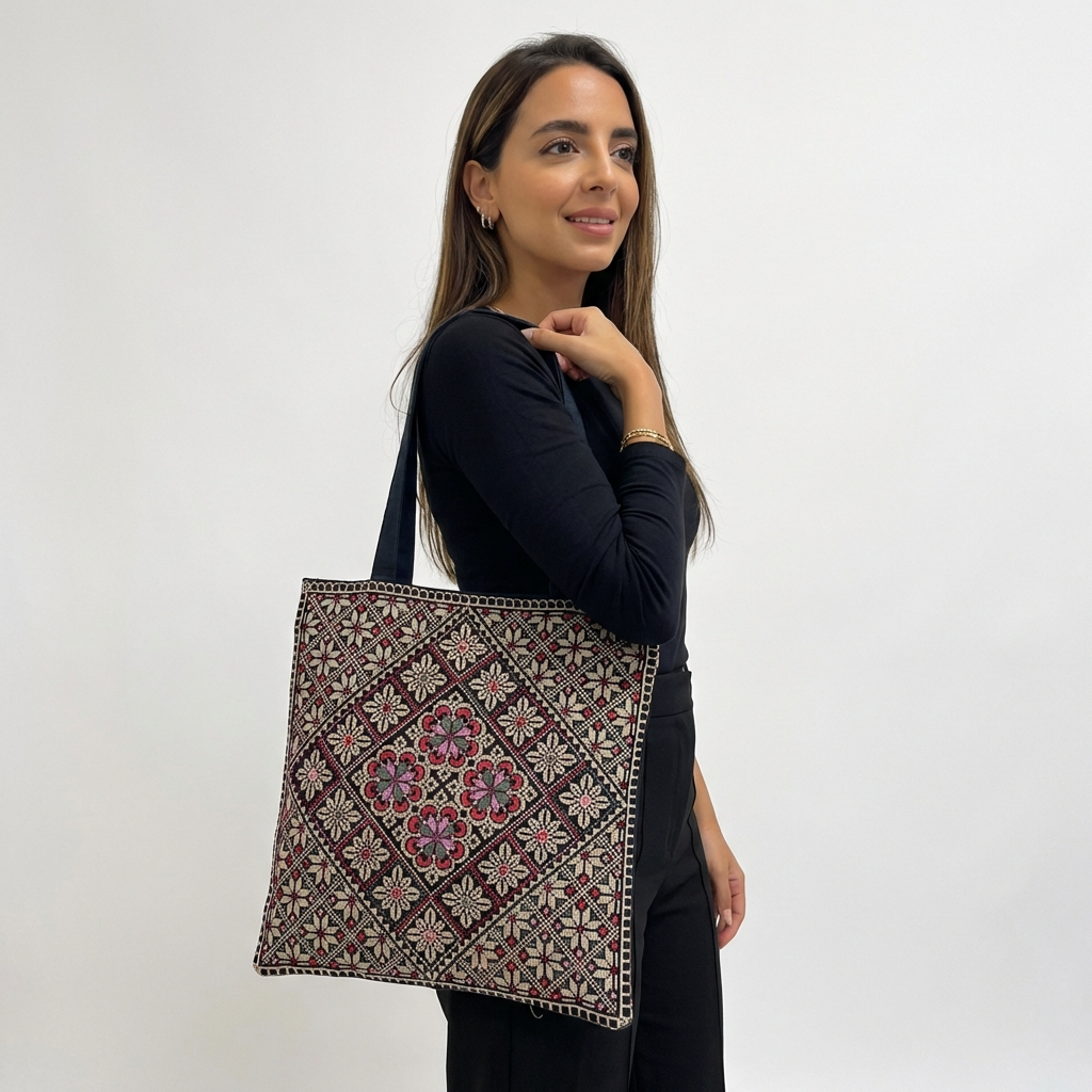 Tatreez Tote Bag – Colorful Gold | Palestinian Embroidery
