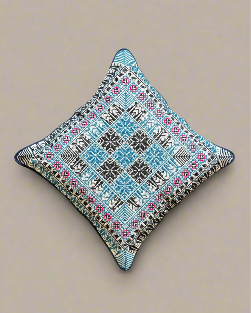 Handmade Tatreez Cushion Cover – Blue and Dark Navy Stars with Pink Flowers | Palestinian Embroidery (16"x16")