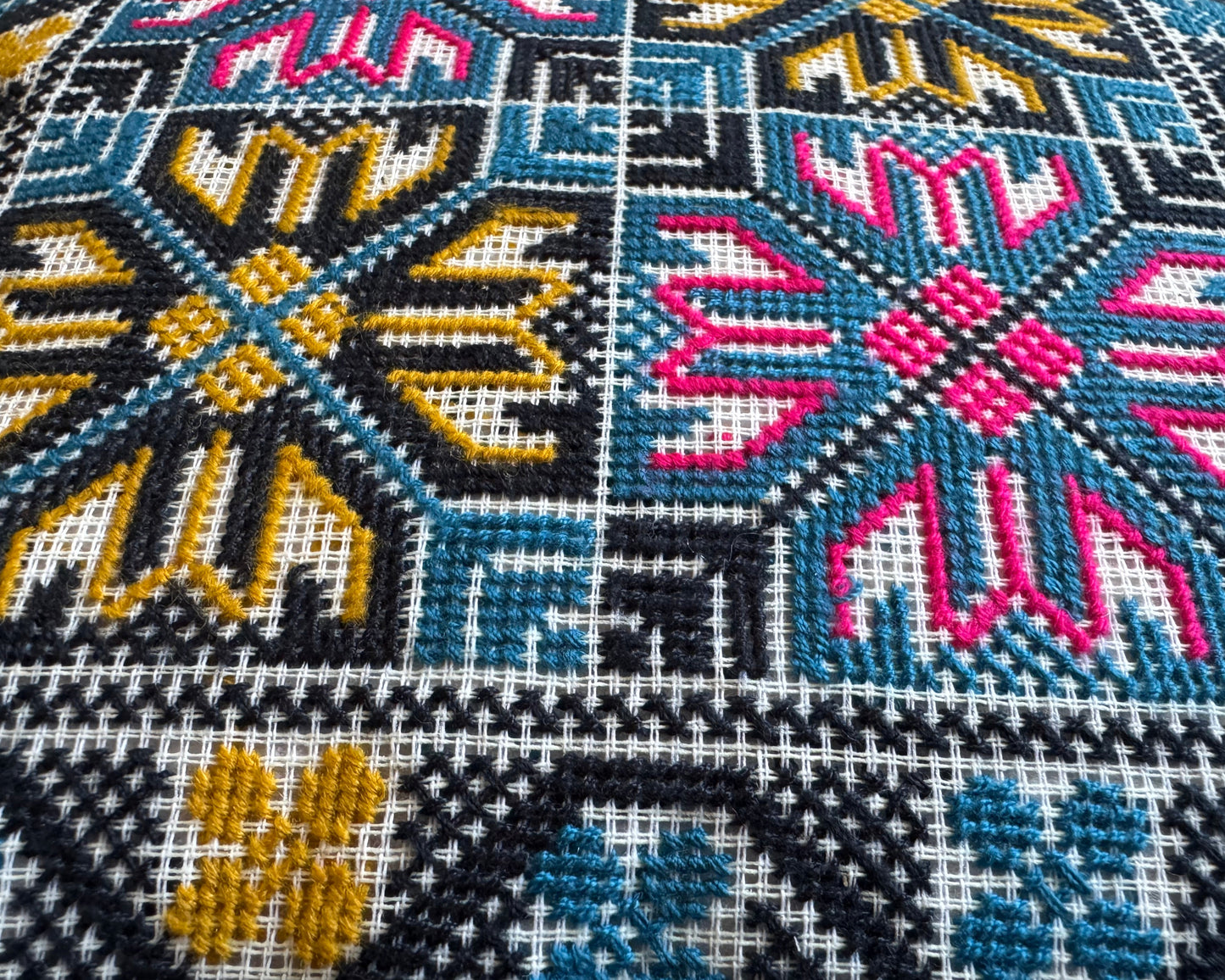 Handmade Tatreez Cushion Cover – Blue with Pink and Yellow Diamond Stars on Blue | Palestinian Embroidery (16"x16")