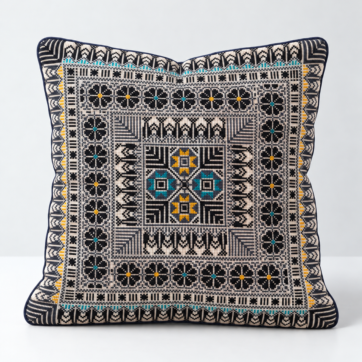 Sunlit Garden Quartet - Black, Teal & Mustard cushion design