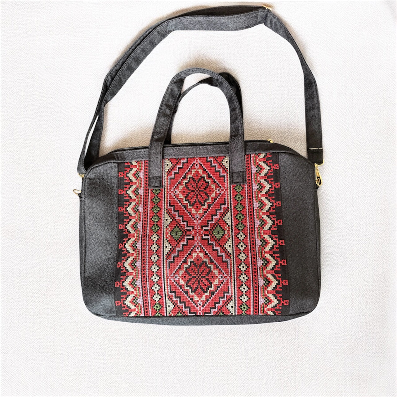 Red Tatreez Laptop Bag - Black Base | Made by Palestinian Artisans