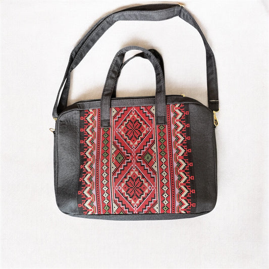 Red Tatreez Laptop Bag - Black Base | Made by Palestinian Artisans