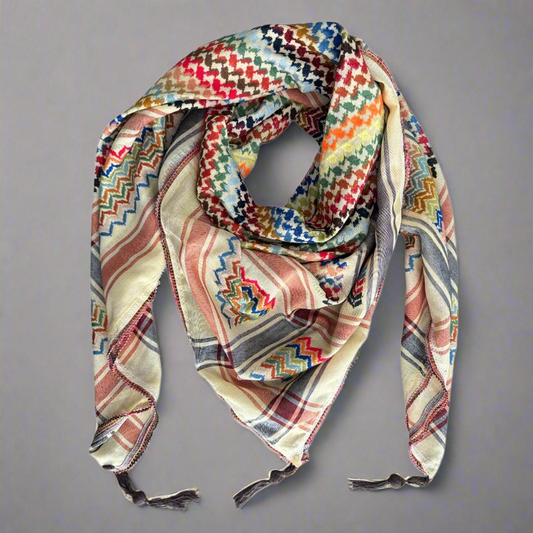 Handmade Palestinian multicoloured kufiyya in sandy yellow base