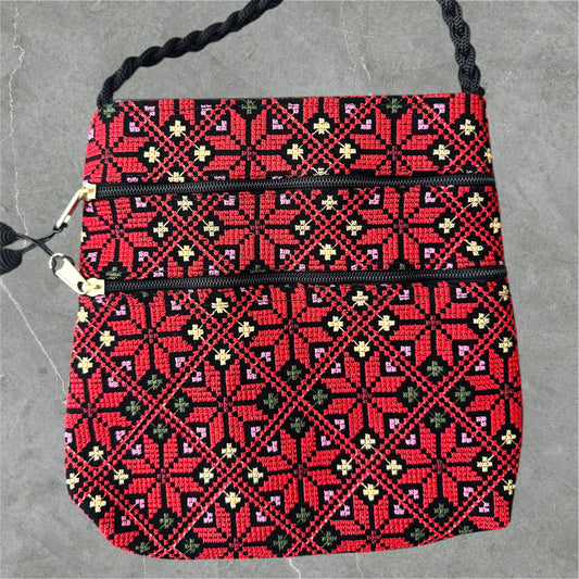 Tatreez Shoulder Pouch - 3 Zipper Compartments | Made by Palestinian Artisans