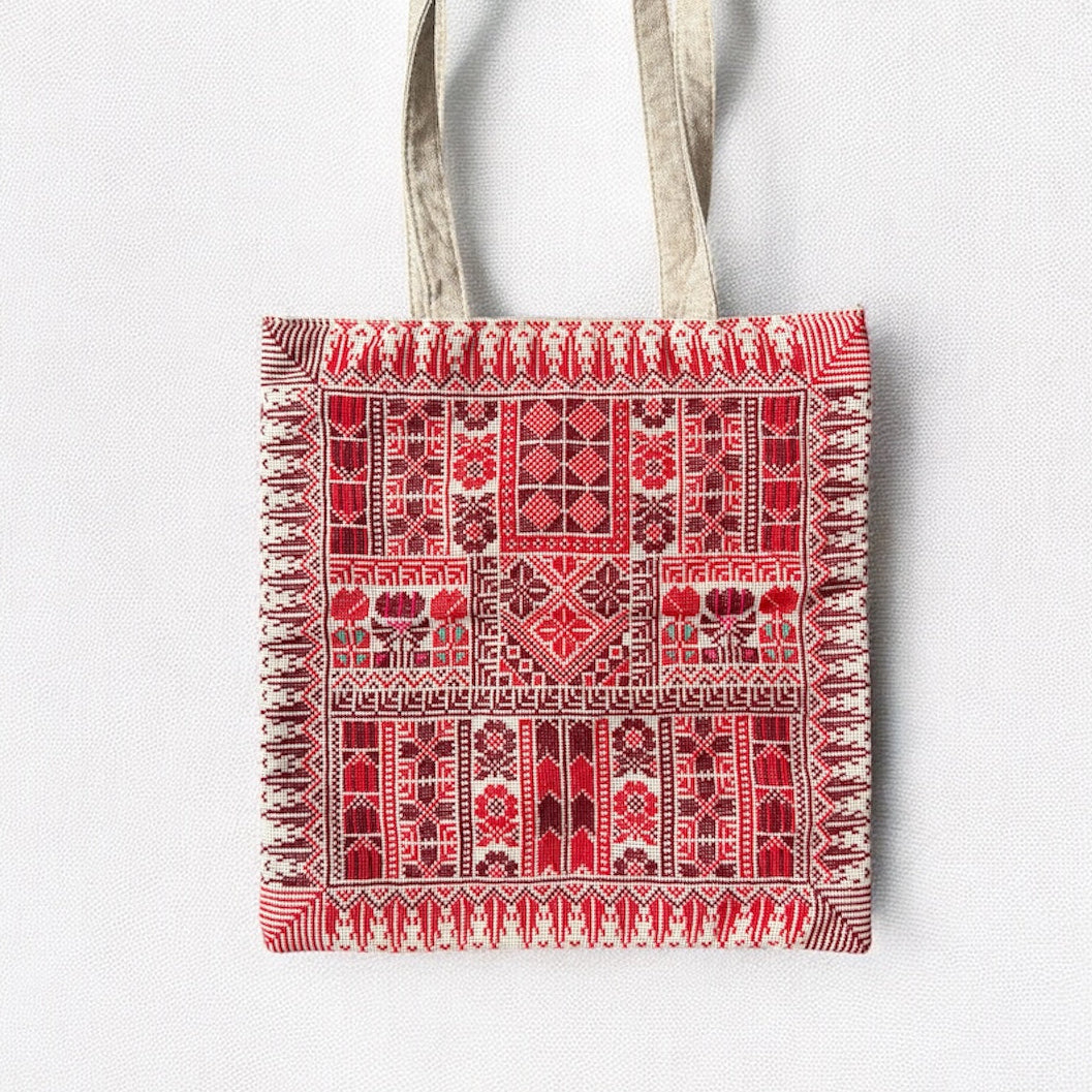Handmade Tatreez Tote Bag – Mosaic of Red Motifs | Palestinian Embroidery