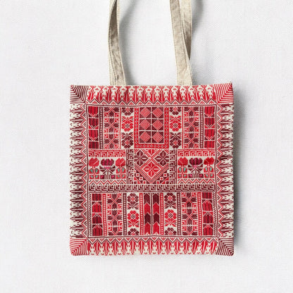 Handmade Tatreez Tote Bag – Mosaic of Red Motifs | Palestinian Embroidery