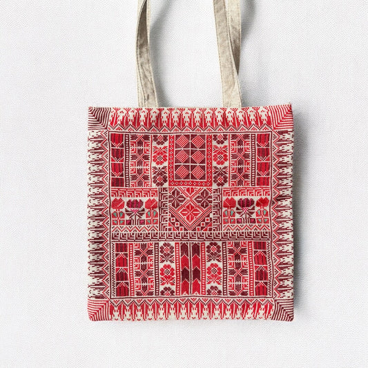 Handmade Tatreez Tote Bag – Mosaic of Red Motifs | Palestinian Embroidery