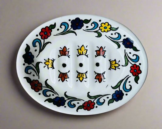 Soap Dish – Hand-Painted Palestinian Ceramic | Multicolor & Navy