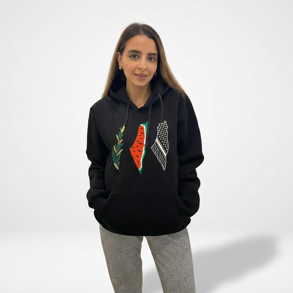 Palestine Maps Tatreez Hoodie | Watermelon Kufiya Olive Leaves