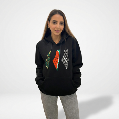 Palestine Maps Tatreez Hoodie | Watermelon Kufiya Olive Leaves