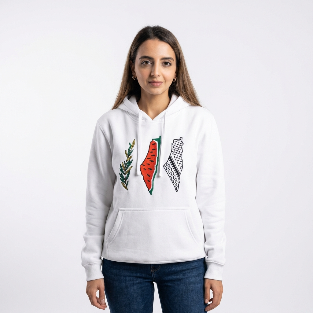 Palestine Maps Tatreez Hoodie | Watermelon Kufiya Olive Leaves