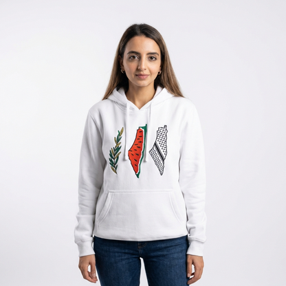 Palestine Maps Tatreez Hoodie | Watermelon Kufiya Olive Leaves