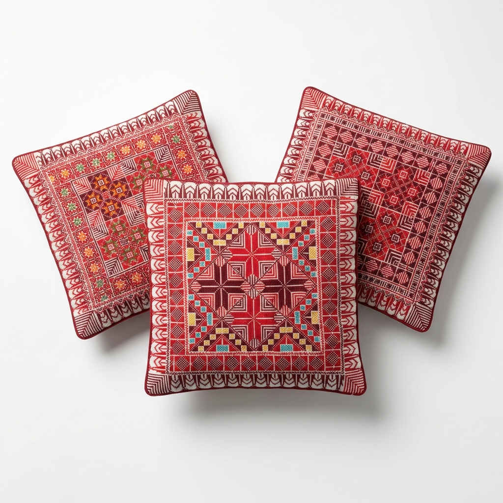 Red Handmade Tatreez Cushion Cover – 16x16" – February 2026 Edition