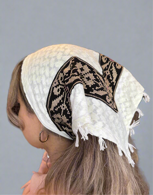 Kufiya Bandanas - All White - Beige Tatreez | Triangle-Cut Scarf
