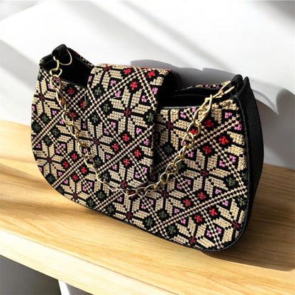 Palestinian Tatreez Purse – Golden Chain with Removable Shoulder Strap