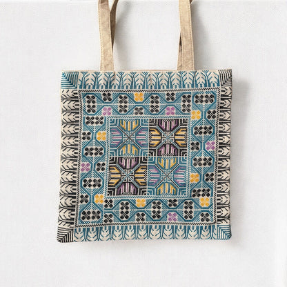 Handmade Tatreez Tote Bag – Blue with Yellow & Purple | Palestinian Embroidery