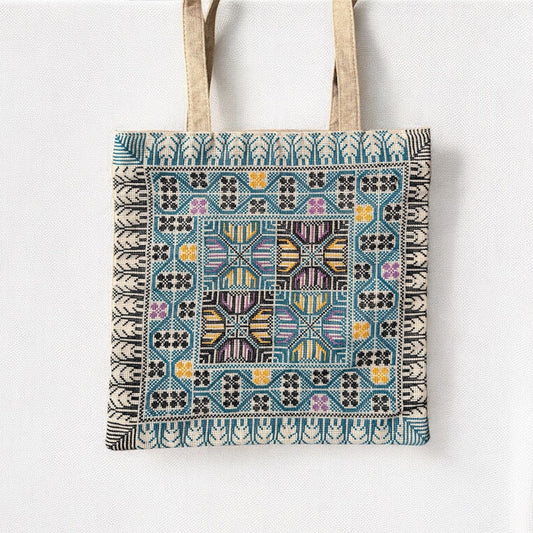 Handmade Tatreez Tote Bag – Blue with Yellow & Purple | Palestinian Embroidery