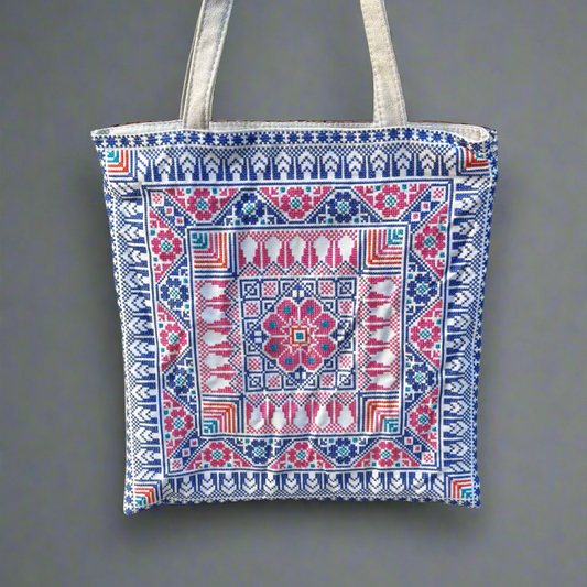 Tatreez Tote Bag – Blue and Pink | Palestinian Embroidery