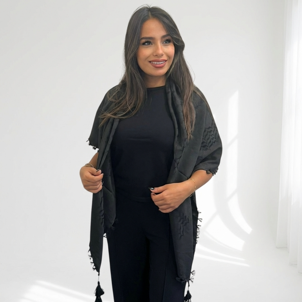 Elegant All Black Kufiya (Keffiyeh) | Made in Kashmir