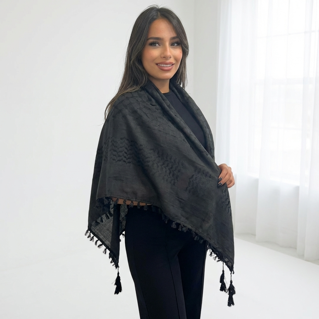 Elegant All Black Kufiya (Keffiyeh) | Made in Kashmir