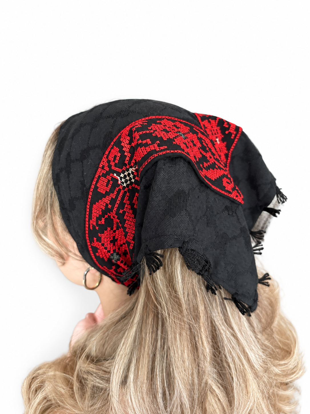 All Black Kufiya Bandana - Red Tatreez