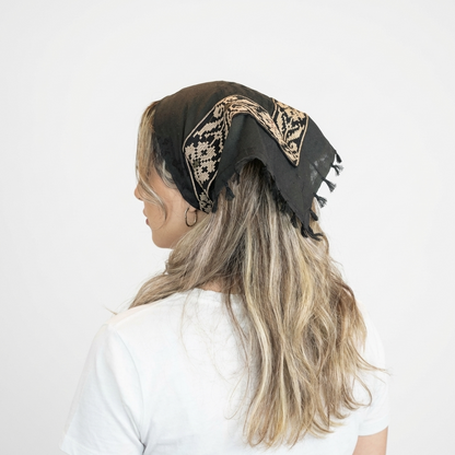 All Black Kufiya Bandana - Beige Tatreez