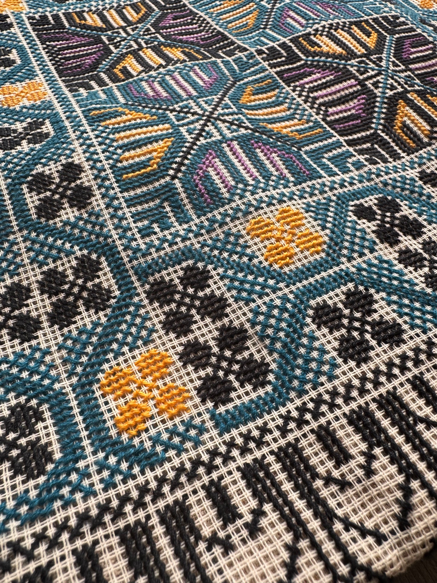 Handmade Tatreez Tote Bag – Blue with Yellow & Purple | Palestinian Embroidery