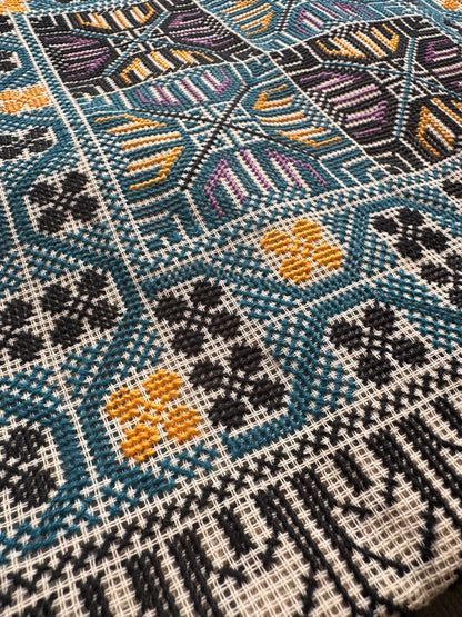 Handmade Tatreez Tote Bag – Blue with Yellow & Purple | Palestinian Embroidery