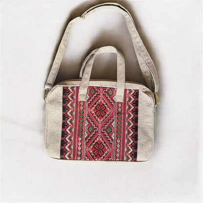 Red Tatreez Laptop Bag - Beige Base | Made by Palestinian Artisans