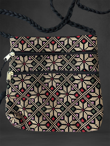 Tatreez Kufiya Shoulder Pouch - Handcrafted Double-Sided Embroidery with 3 Zipper Compartments | Made in Jordan by Palestinians
