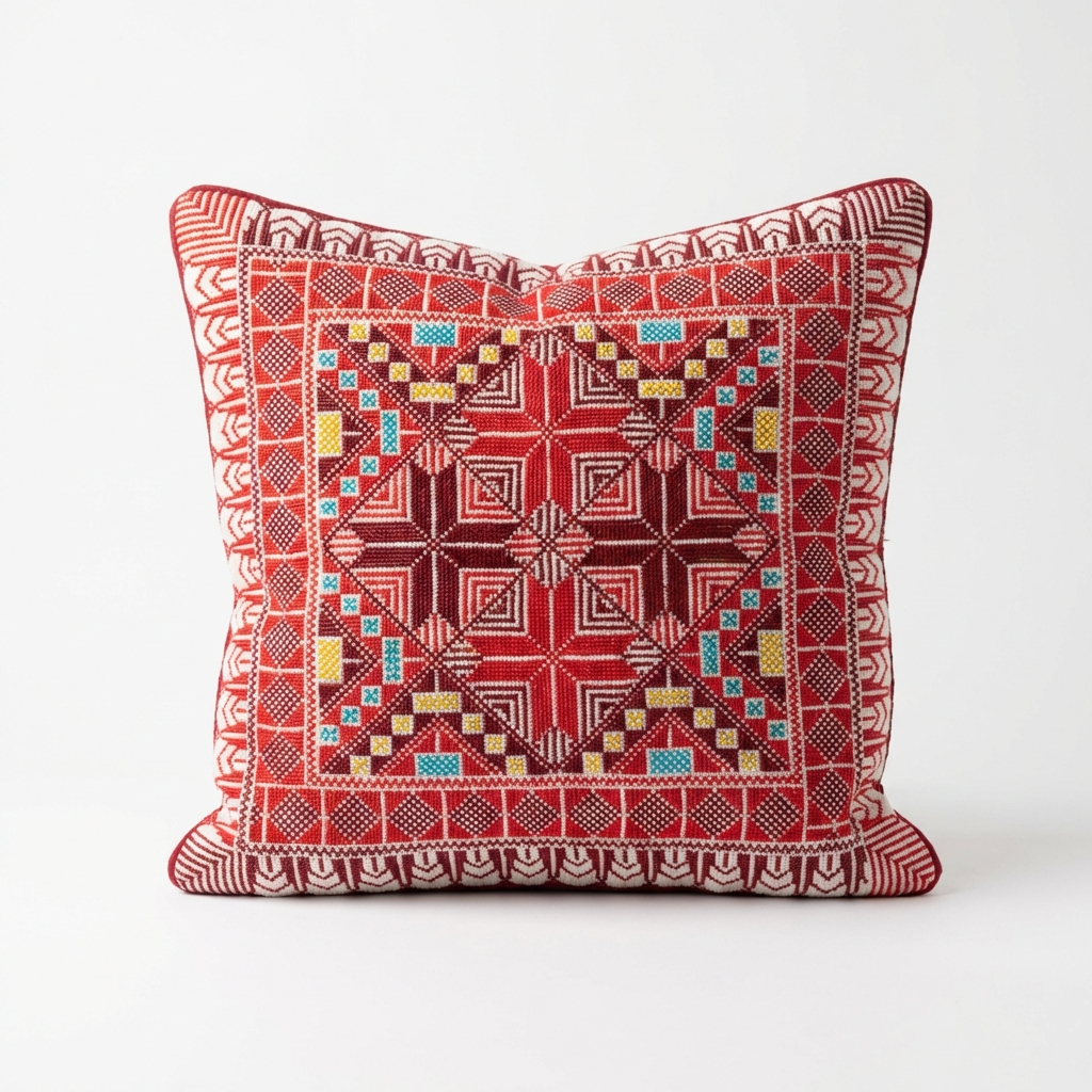 Red Handmade Tatreez Cushion Cover – 16x16" – February 2026 Edition
