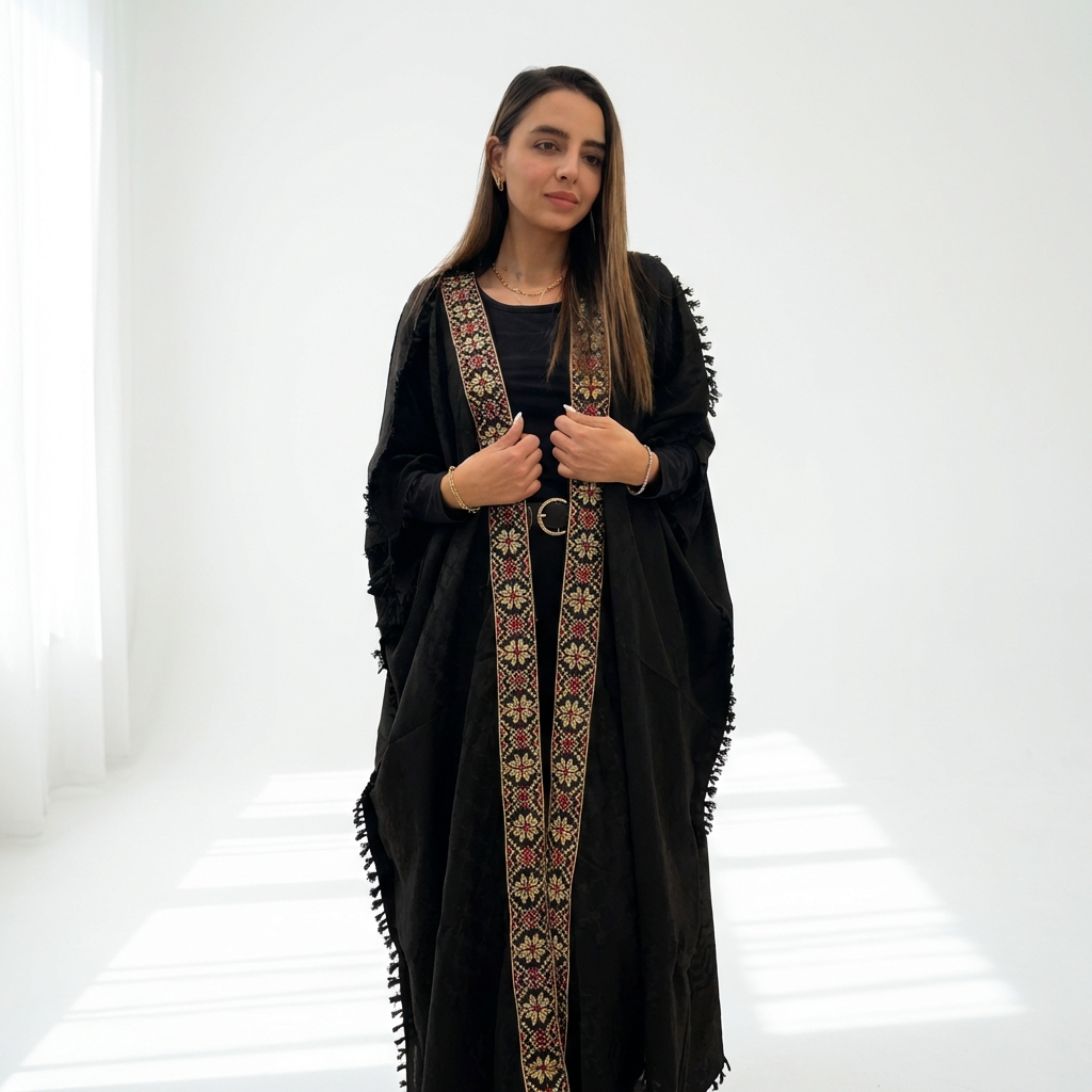 Palestinian Black and Gold Bisht (Free Size) | Tatreez Abaya – The
