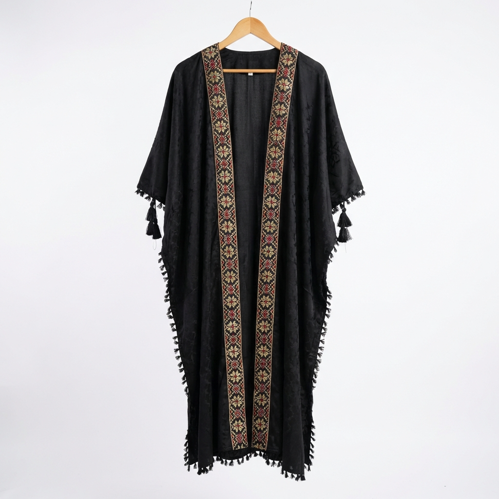 Palestinian Tatreez Bisht | Black and Gold Embroidered Heritage Abaya (Free Size)